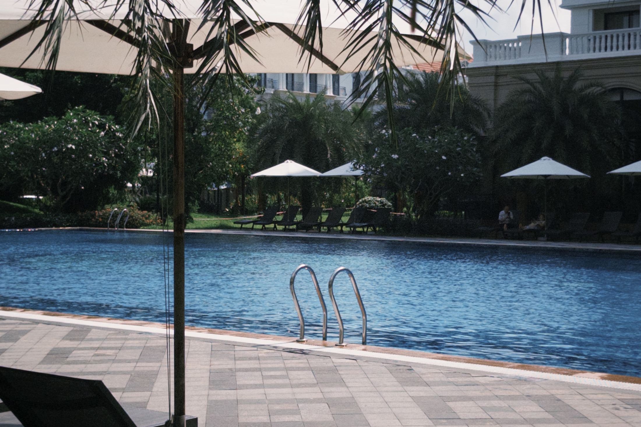 A quiet resort pool is framed by loungers, umbrellas, and palm shade