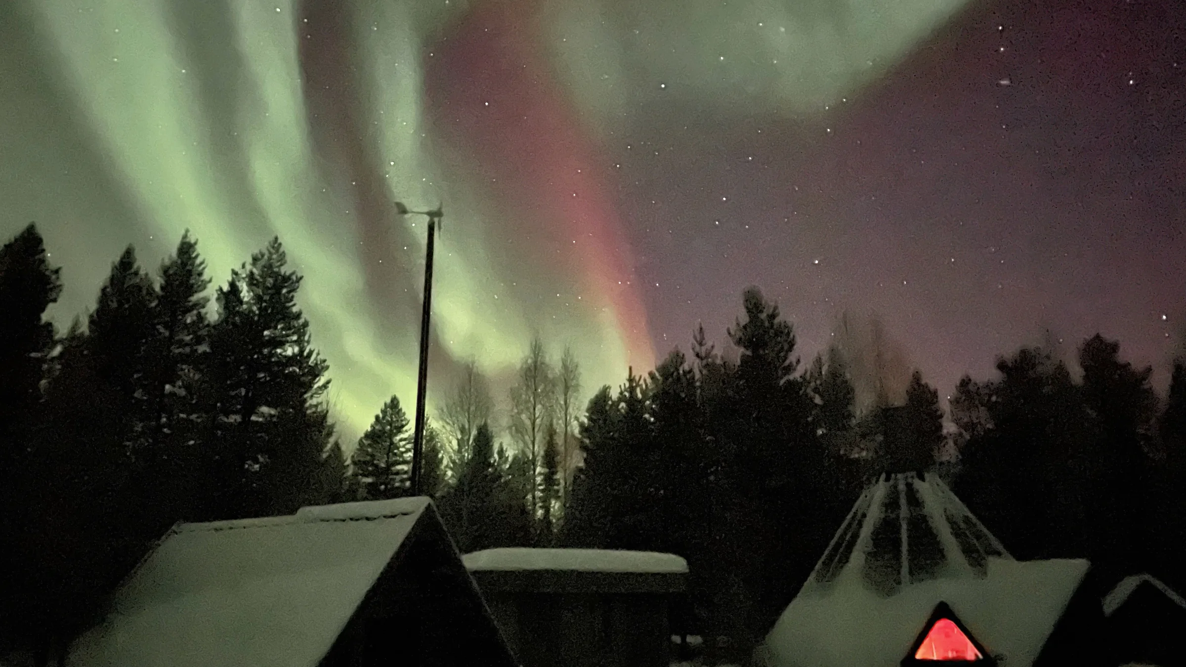 Northern Lights above a snowy grillkota and forest in Pello, Finnish Lapland